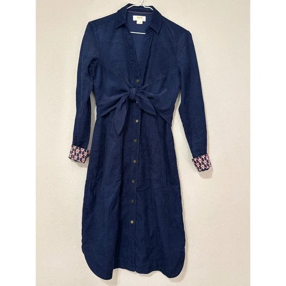 Anthropologie Maeve Navy Corduroy Front Tie Shirt Dress Womens Sz 2 Long Sleeve - Picture 2 of 7